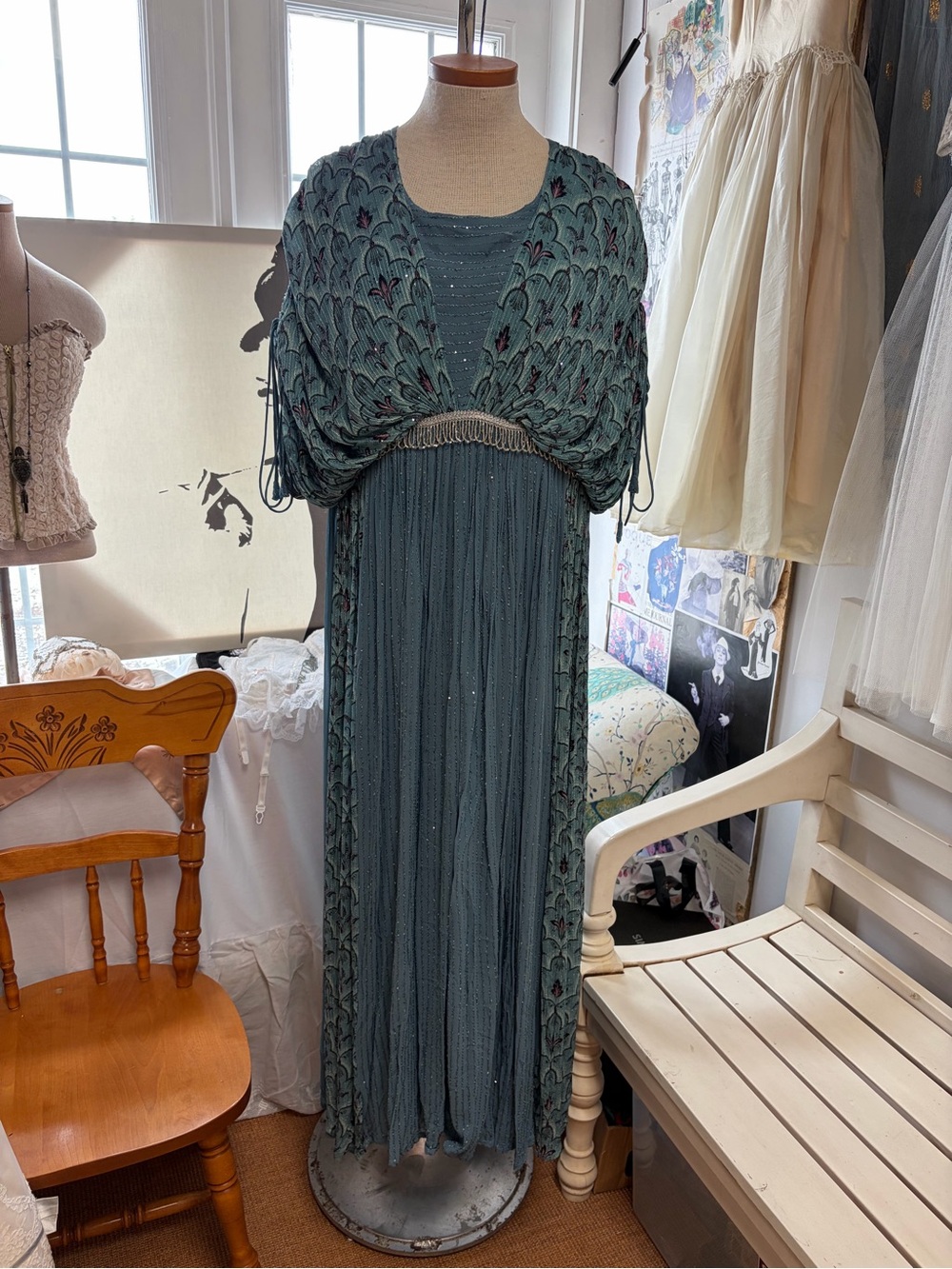 Sea Mist Blue Beaded Caftan with Draped Overlay/Art Deco Inspired